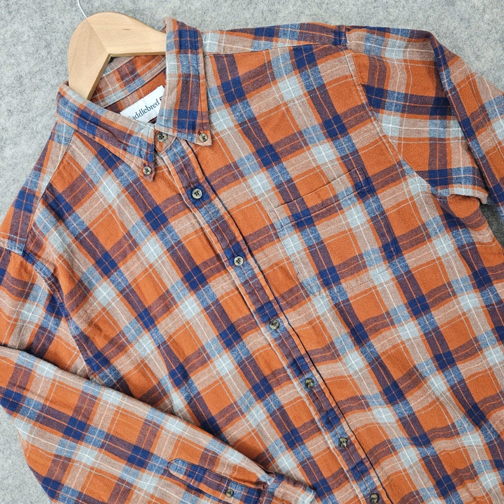 Saddlebred Flannel Shirt Men's Large Orange Blue Plaid Long Sleeve Button Down